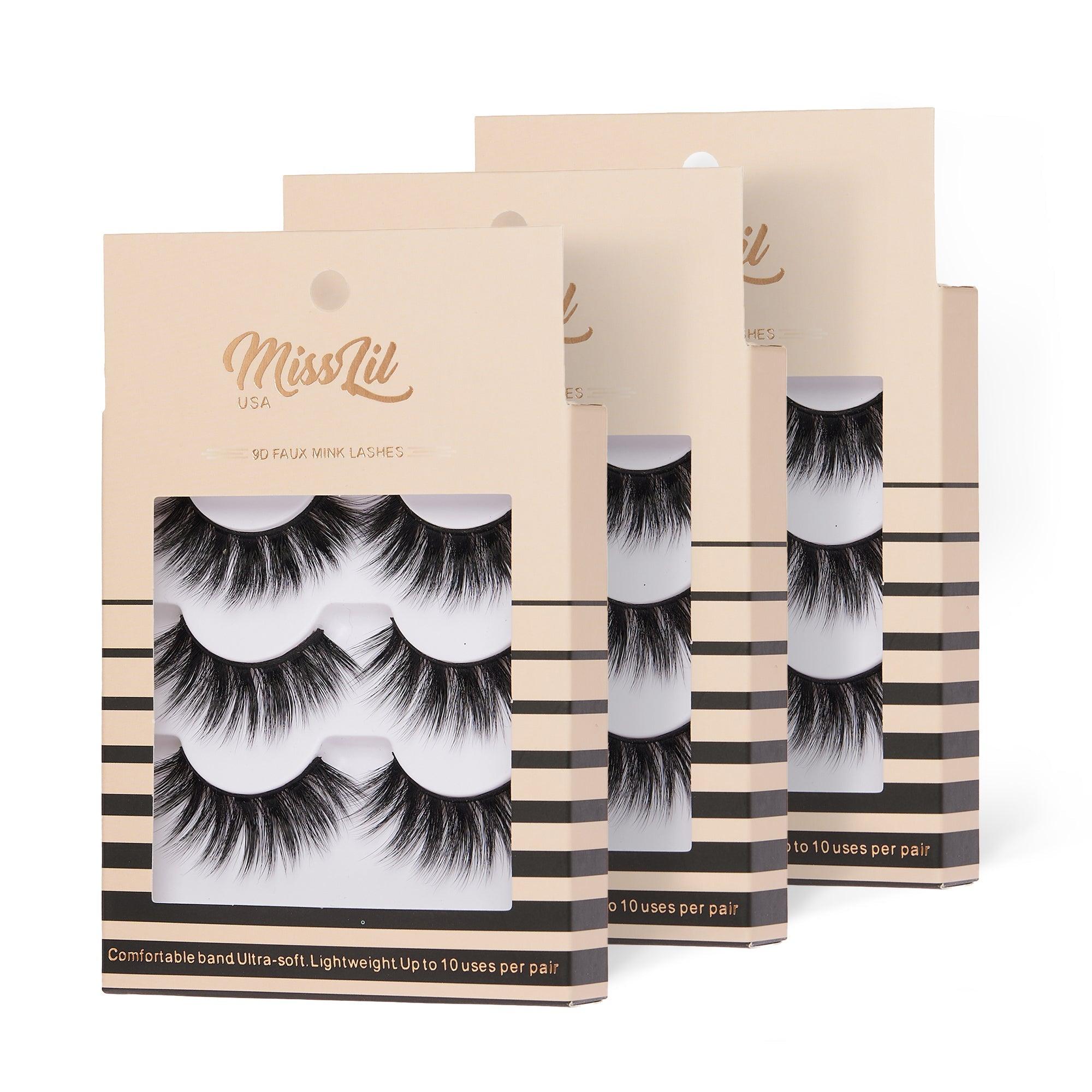 3-Pair Faux 9D Mink Eyelashes - Luxury Collection #15 - Pack of 12 - Miss Lil USA
