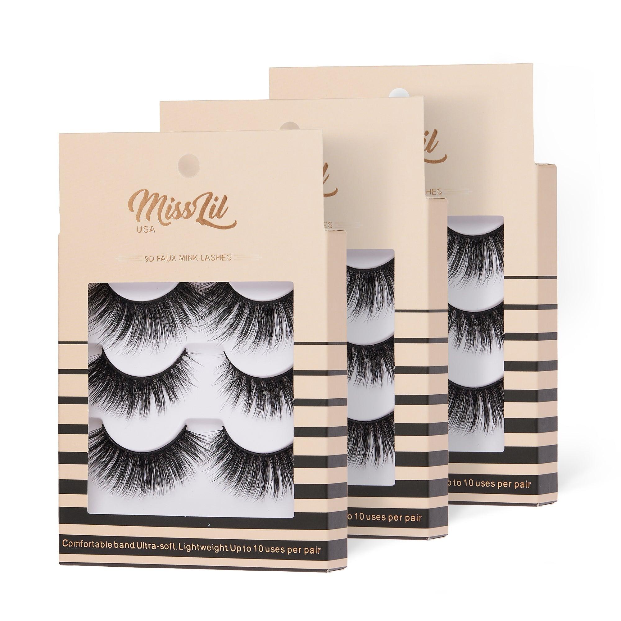 3-Pair Faux 9D Mink Eyelashes - Luxury Collection #17 - Pack of 12 - Miss Lil USA