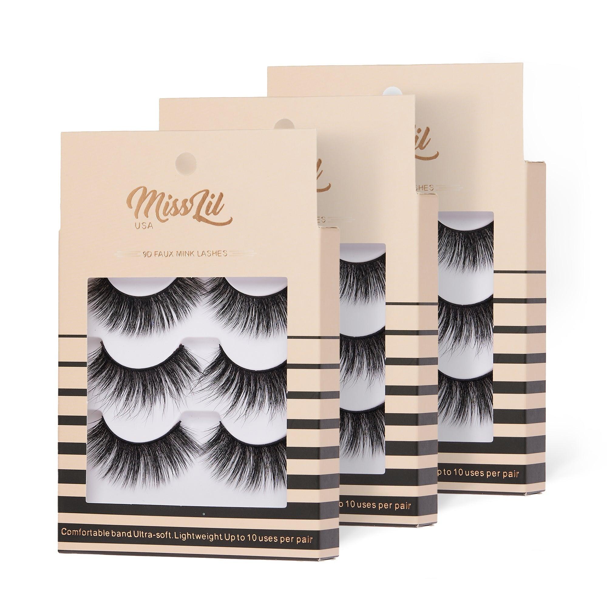 3-Pair Faux 9D Mink Eyelashes - Luxury Collection #19 - Pack of 12 - Miss Lil USA