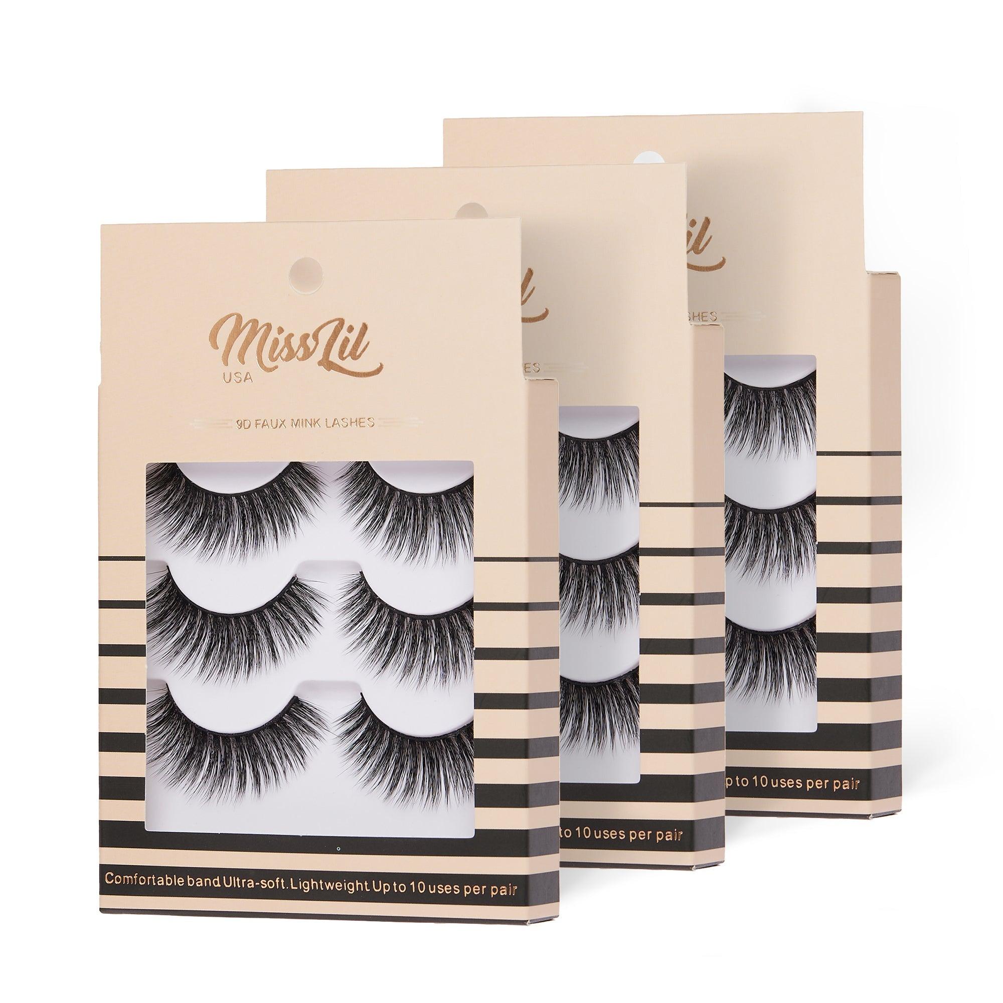 3-Pair Faux 9D Mink Eyelashes - Luxury Collection #21 - Pack of 12 - Miss Lil USA