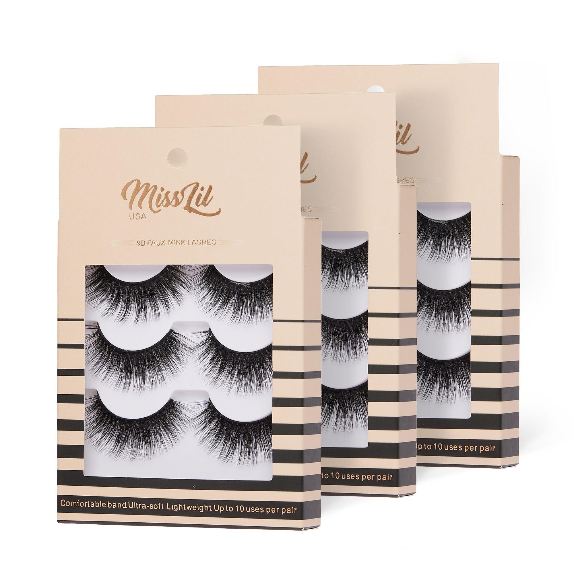 3-Pair Faux 9D Mink Eyelashes - Luxury Collection #25 - Pack of 12 - Miss Lil USA
