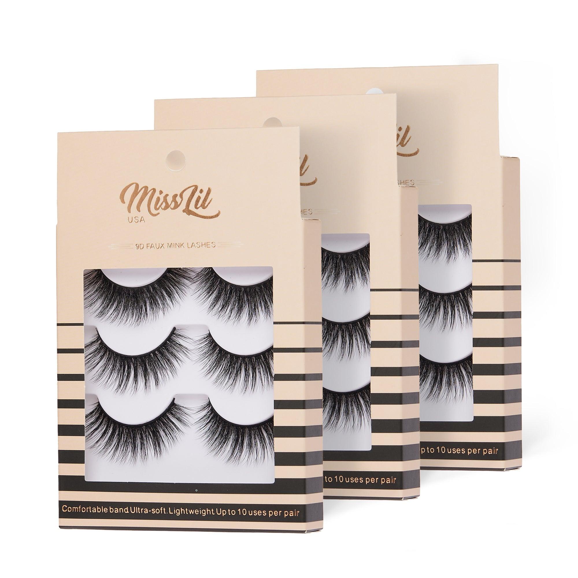 3-Pair Faux 9D Mink Eyelashes - Luxury Collection #28 - Pack of 12 - Miss Lil USA