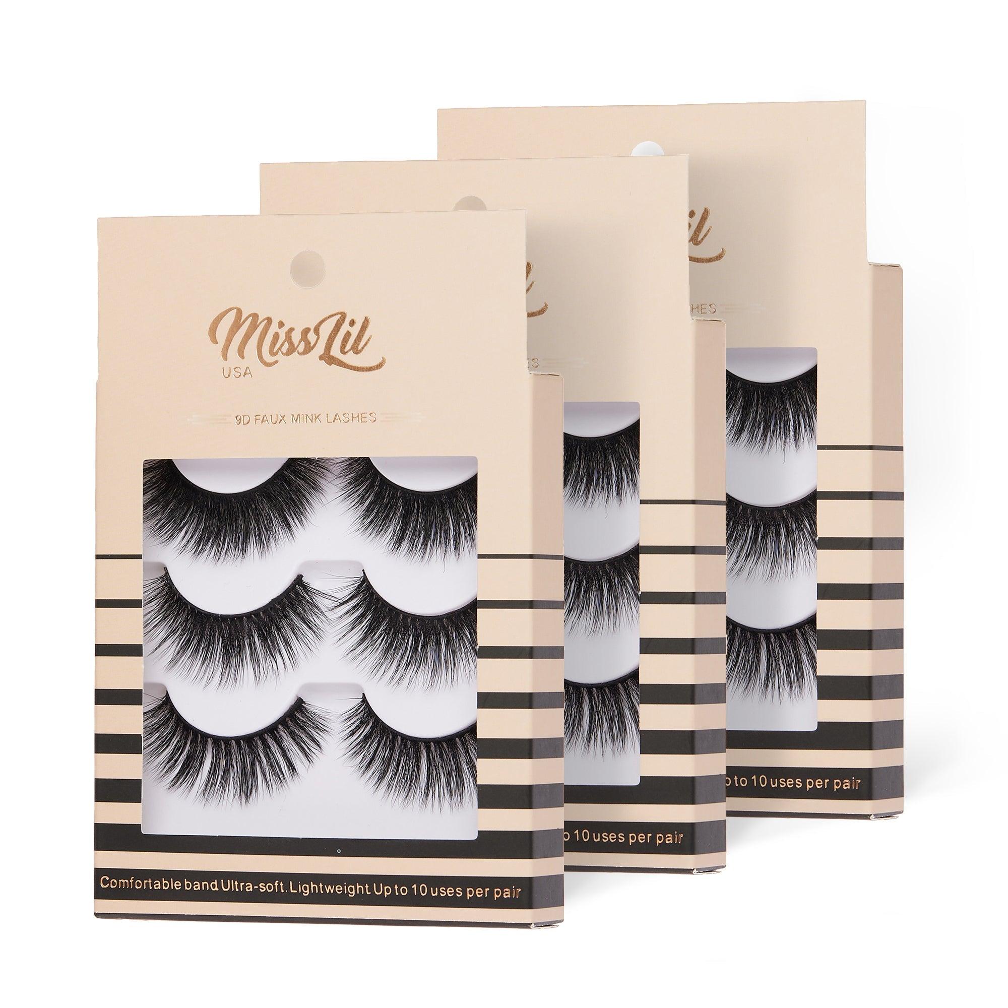 3-Pair Faux 9D Mink Eyelashes - Luxury Collection #16 - Pack of 12 - Miss Lil USA