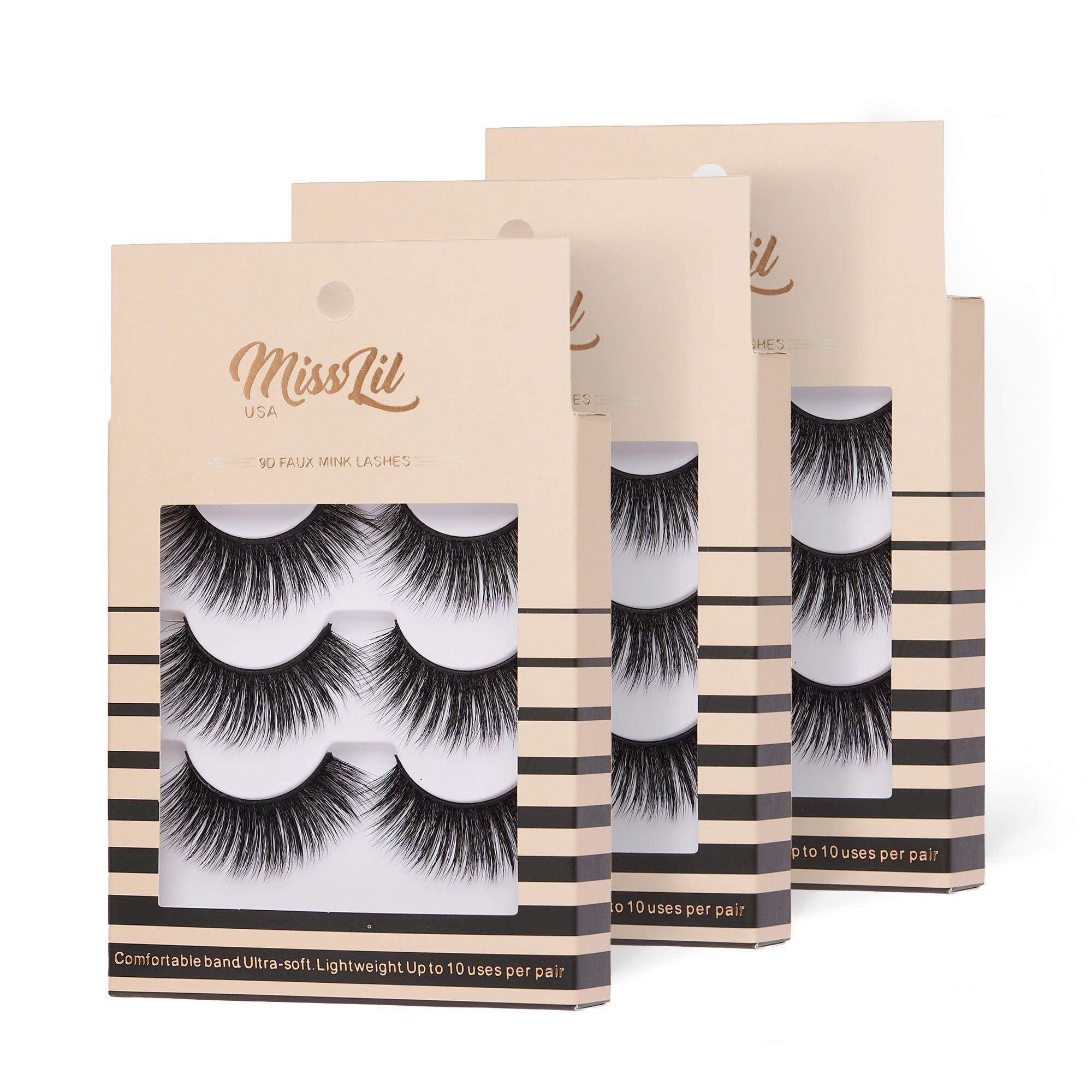 3-Pair Faux 9D Mink Eyelashes - Luxury Collection #24 - Pack of 12 - Miss Lil USA