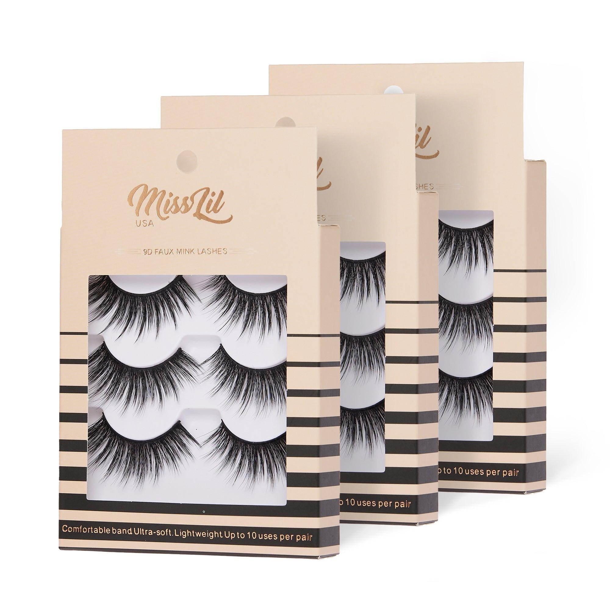 3-Pair Faux 9D Mink Eyelashes - Luxury Collection #3 - Pack of 12 - Miss Lil USA