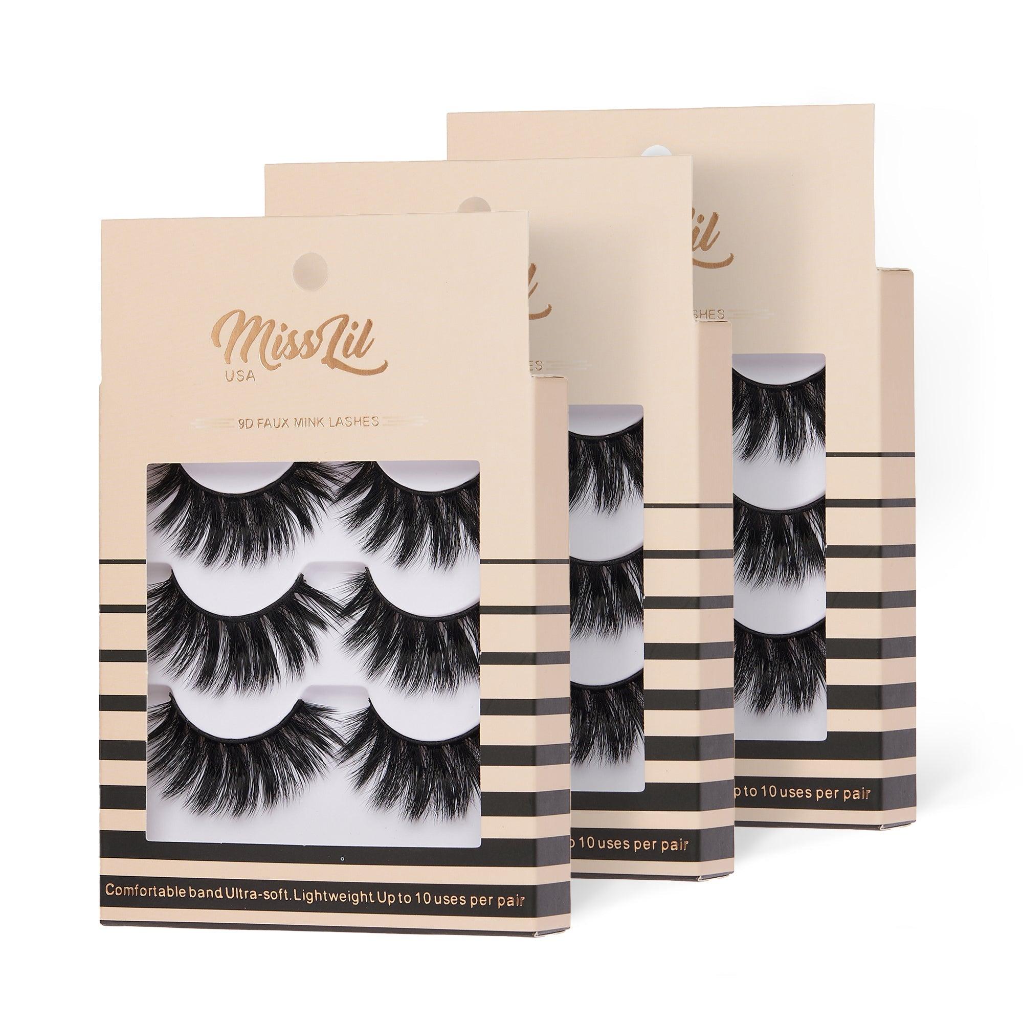 3-Pair Faux 9D Mink Eyelashes - Luxury Collection #4 - Pack of 12 - Miss Lil USA