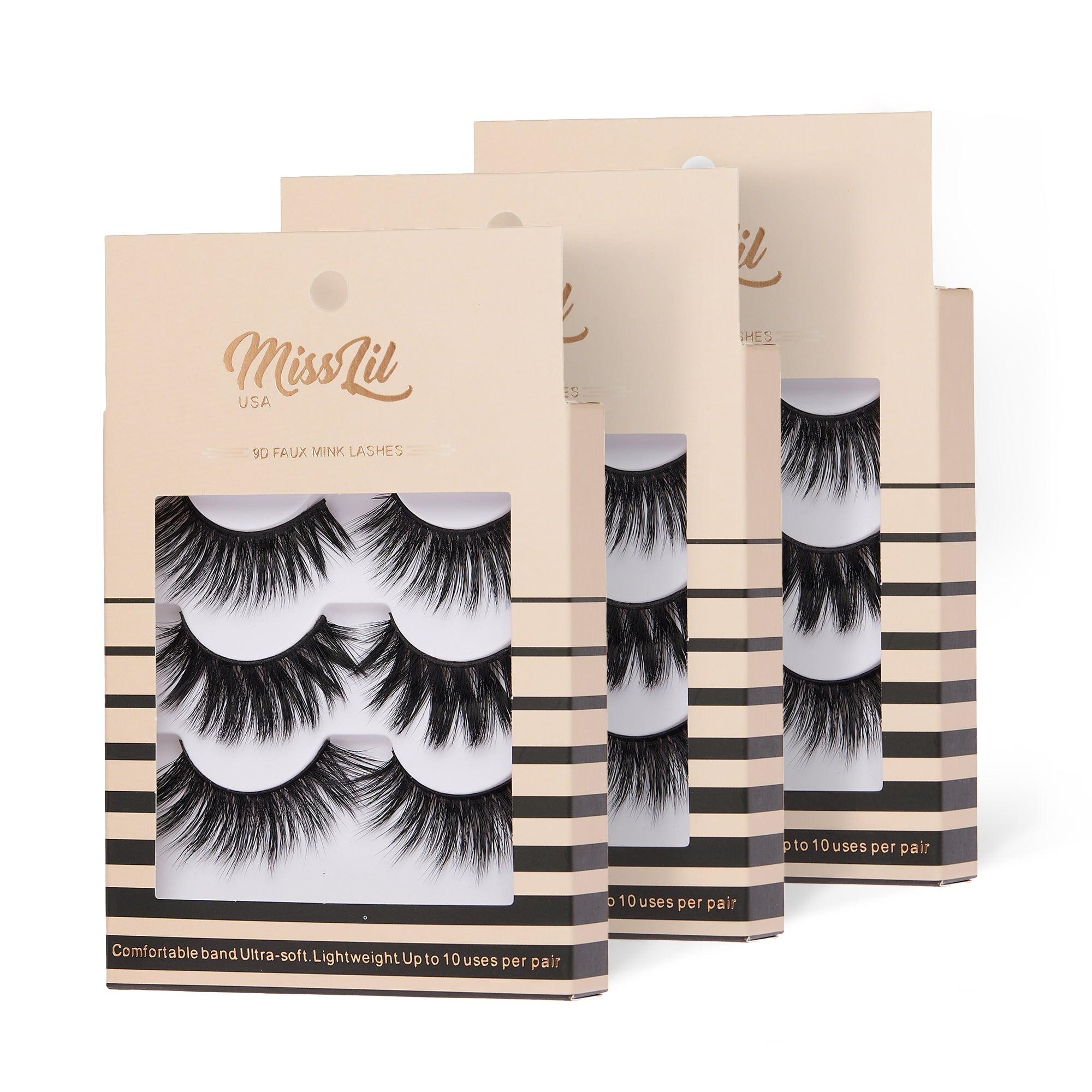 3-Pair Faux 9D Mink Eyelashes - Luxury Collection #5 - Pack of 12 - Miss Lil USA