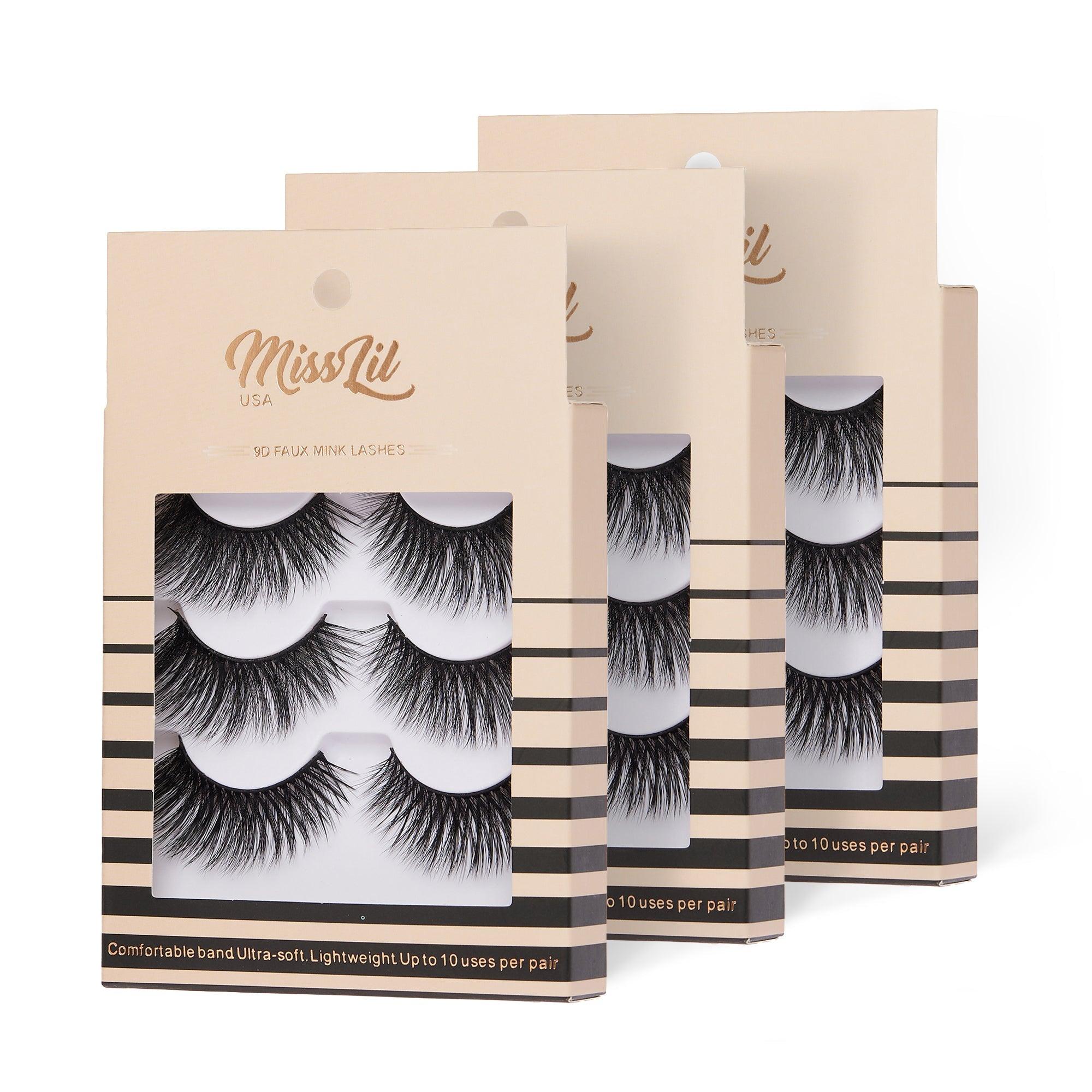 3-Pair Faux 9D Mink Eyelashes - Luxury Collection #6 - Pack of 12 - Miss Lil USA