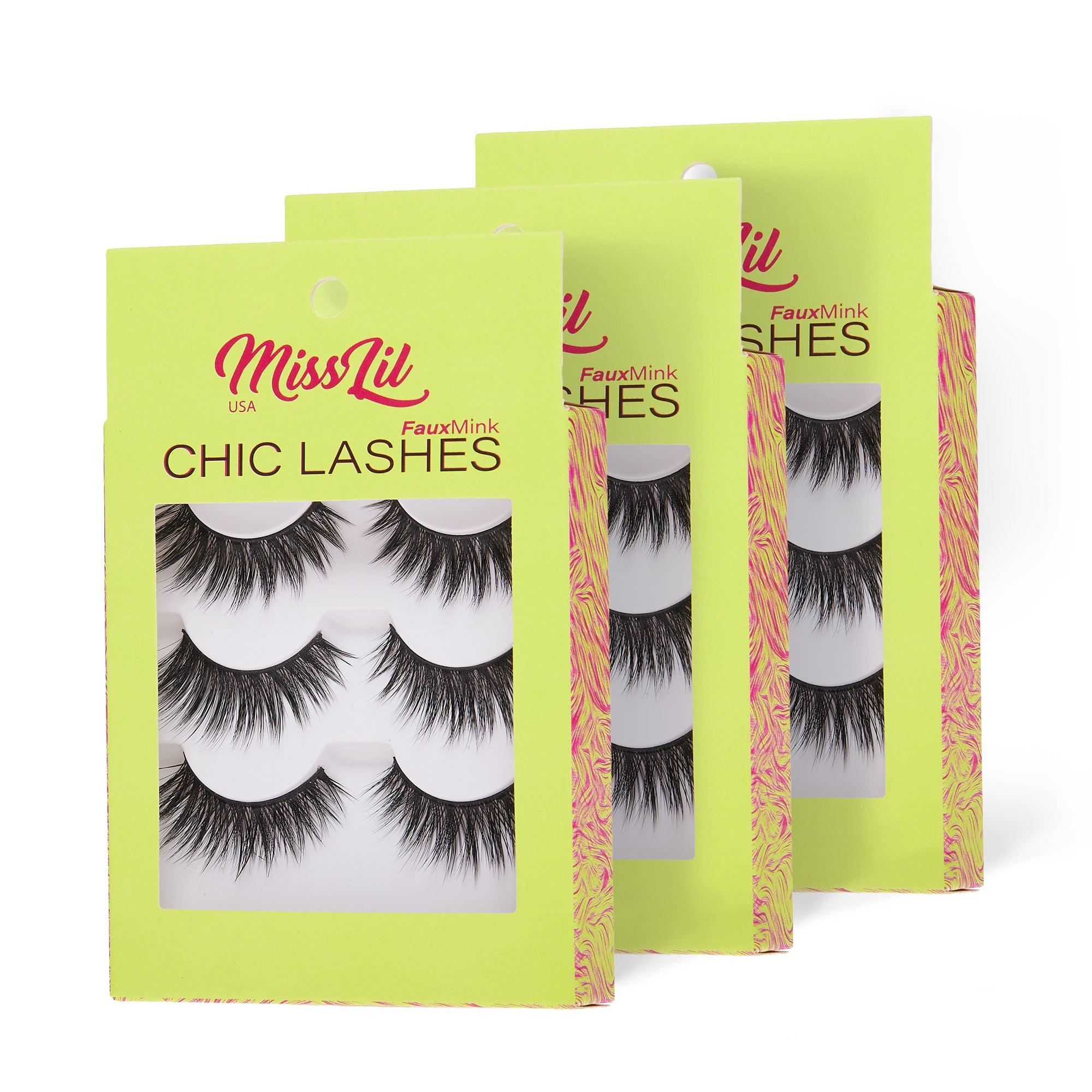 3-Pair Faux Mink Eyelashes - Chic Lashes Collection #12 - Pack of 3 - Miss Lil USA