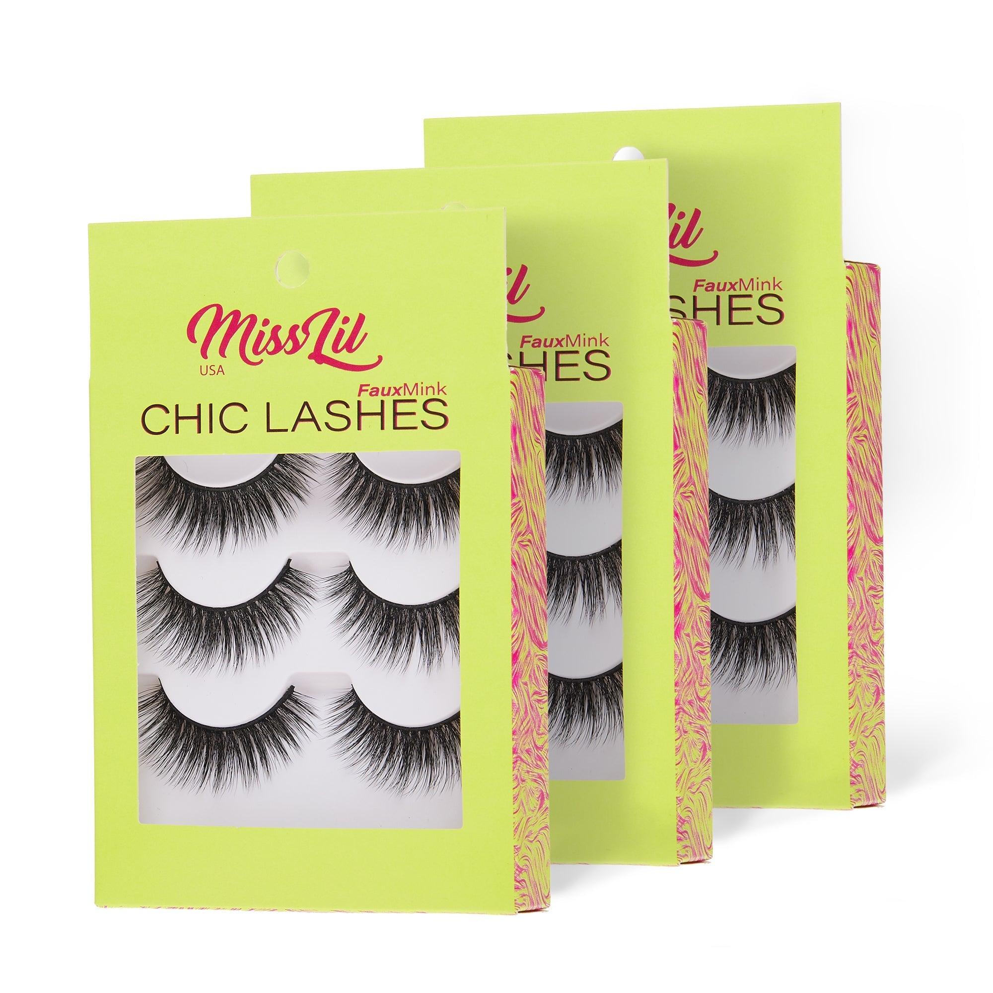 3-Pair Faux Mink Eyelashes - Chic Lashes Collection #38 - Pack of 12 - Miss Lil USA